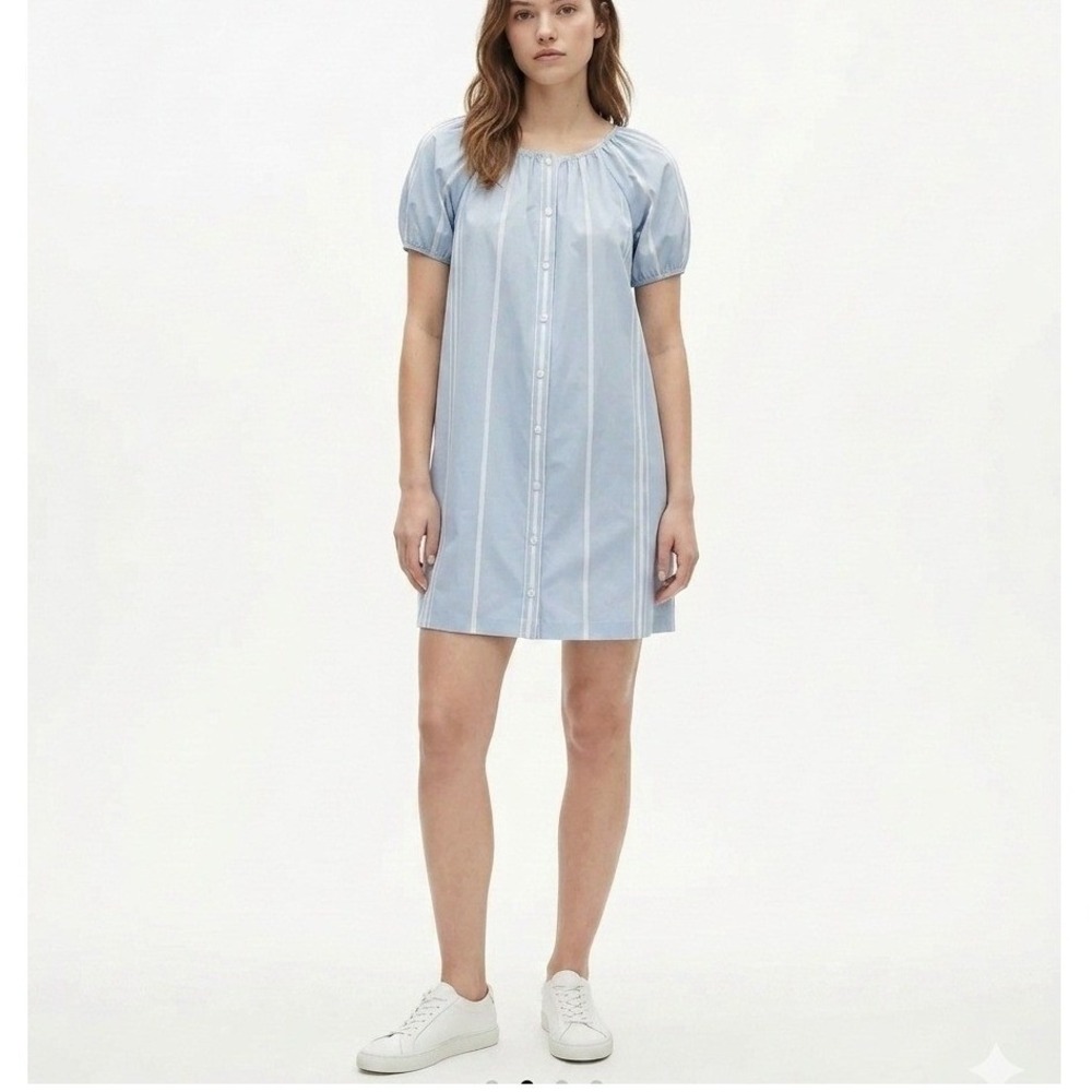 J.Crew Dress Womens Size Large Tall Blue White Striped Cotton Puff Sleeve LT NWT